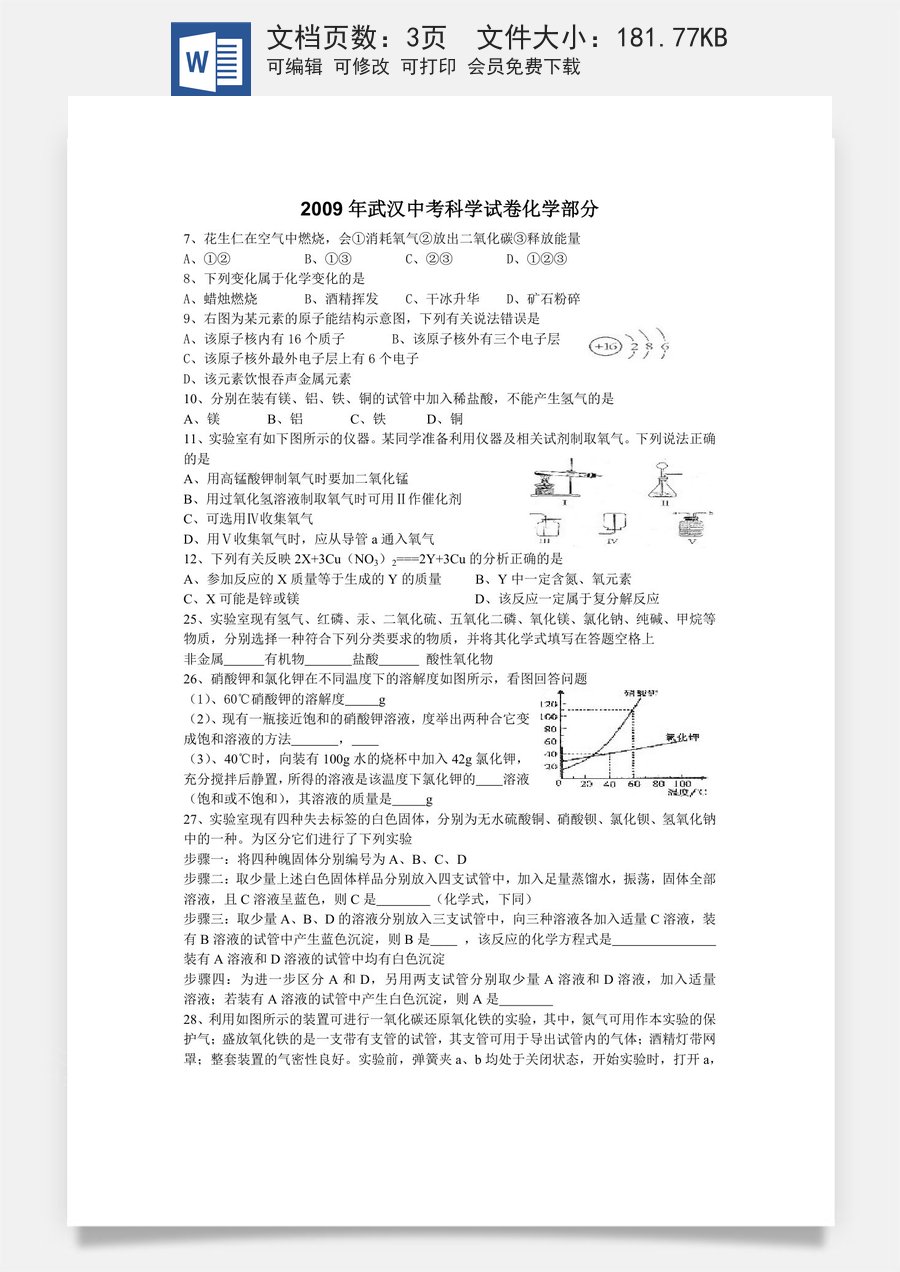 2009年武汉市中考化学试卷及答案.doc