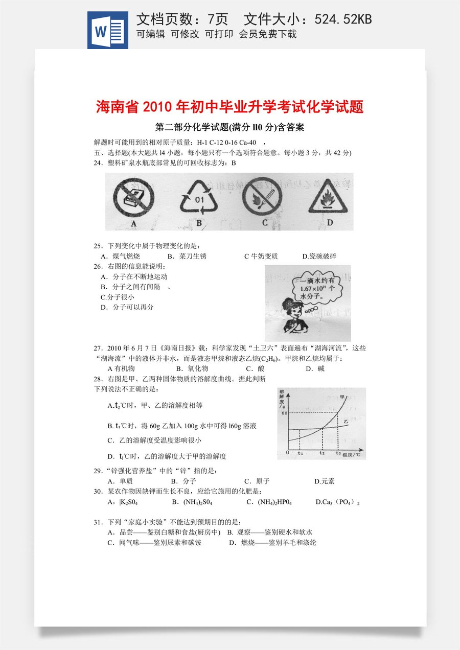 2010年海南中考化学试题及答案.doc