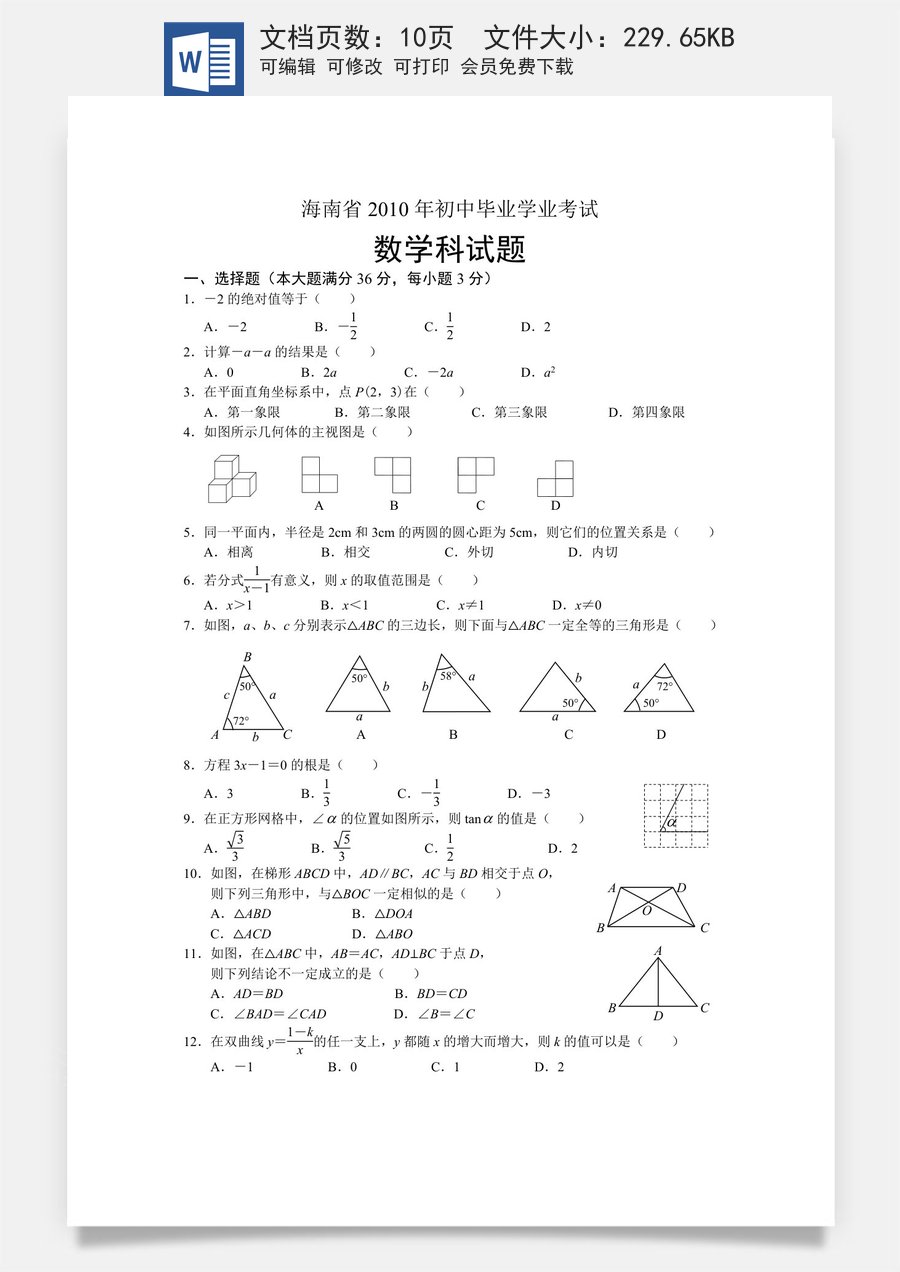 2010年海南中考数学试题及答案.doc