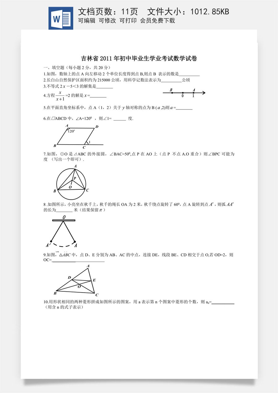 2011年吉林省中考数学试题及答案.doc