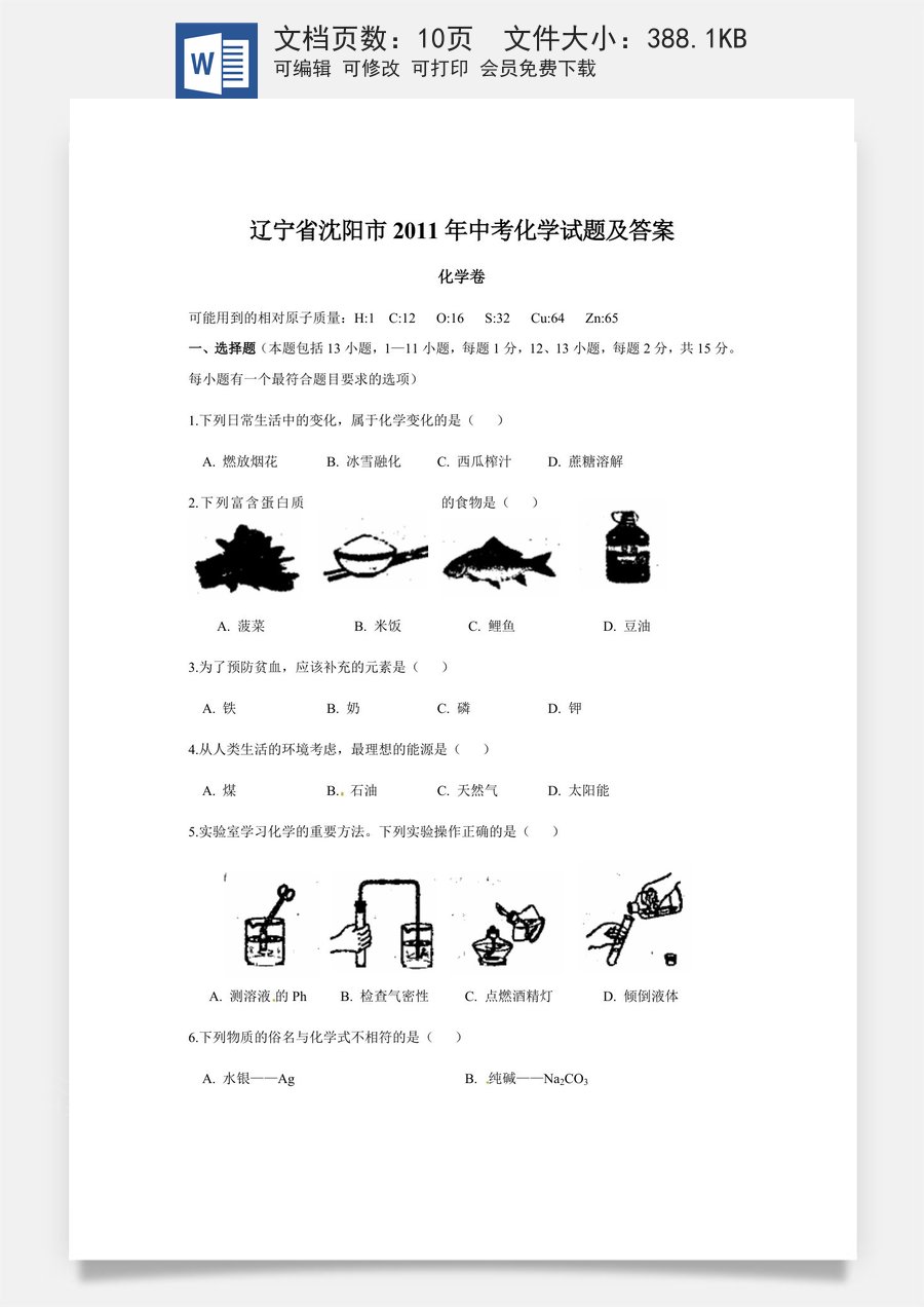 2011年辽宁省沈阳市中考化学试题及答案.docx