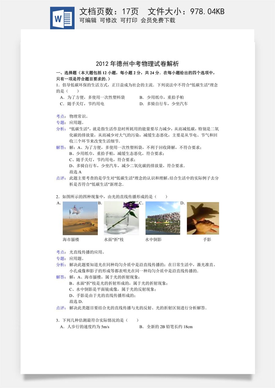 2012年德州市中考物理试题及答案解析.doc