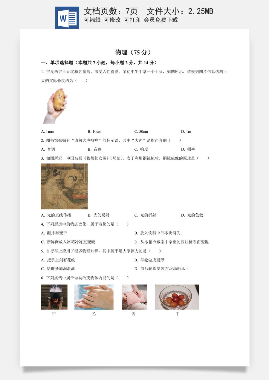 精品解析：2024年宁夏回族自治区中考物理试题（原卷版）.docx