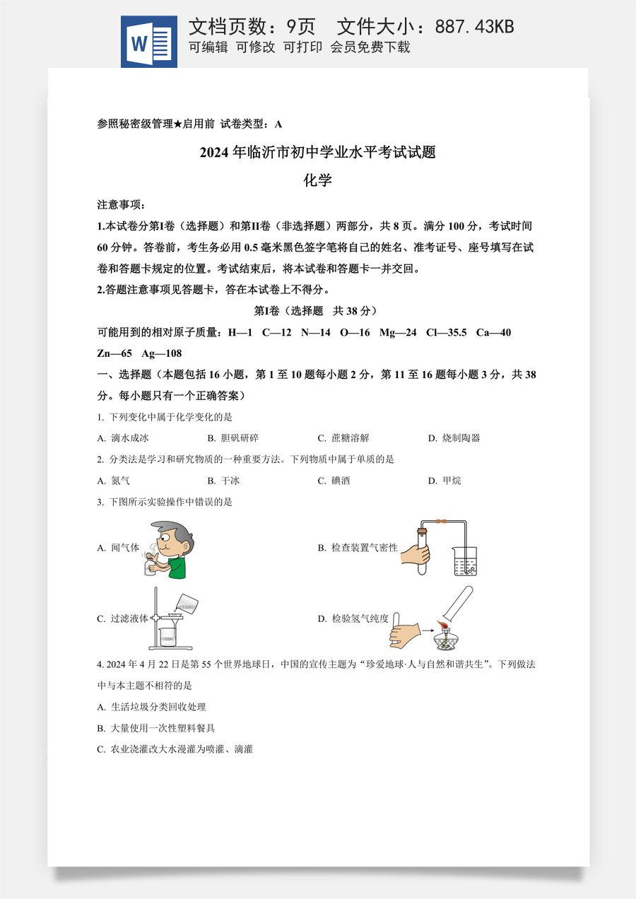 精品解析：2024年山东省临沂市中考化学真题（原卷版）.docx