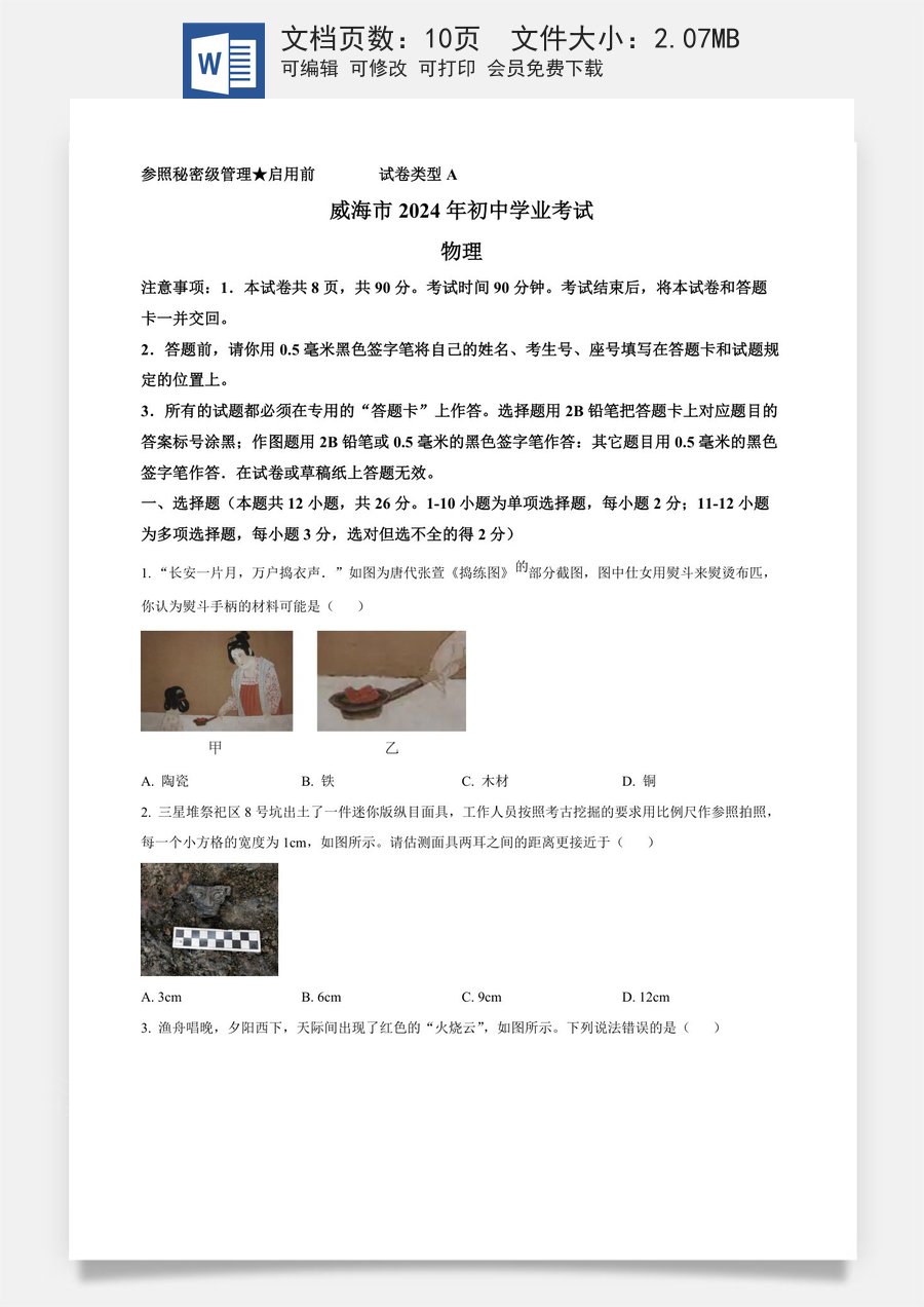 精品解析：2024年山东省威海市中考物理试题（原卷版）.docx