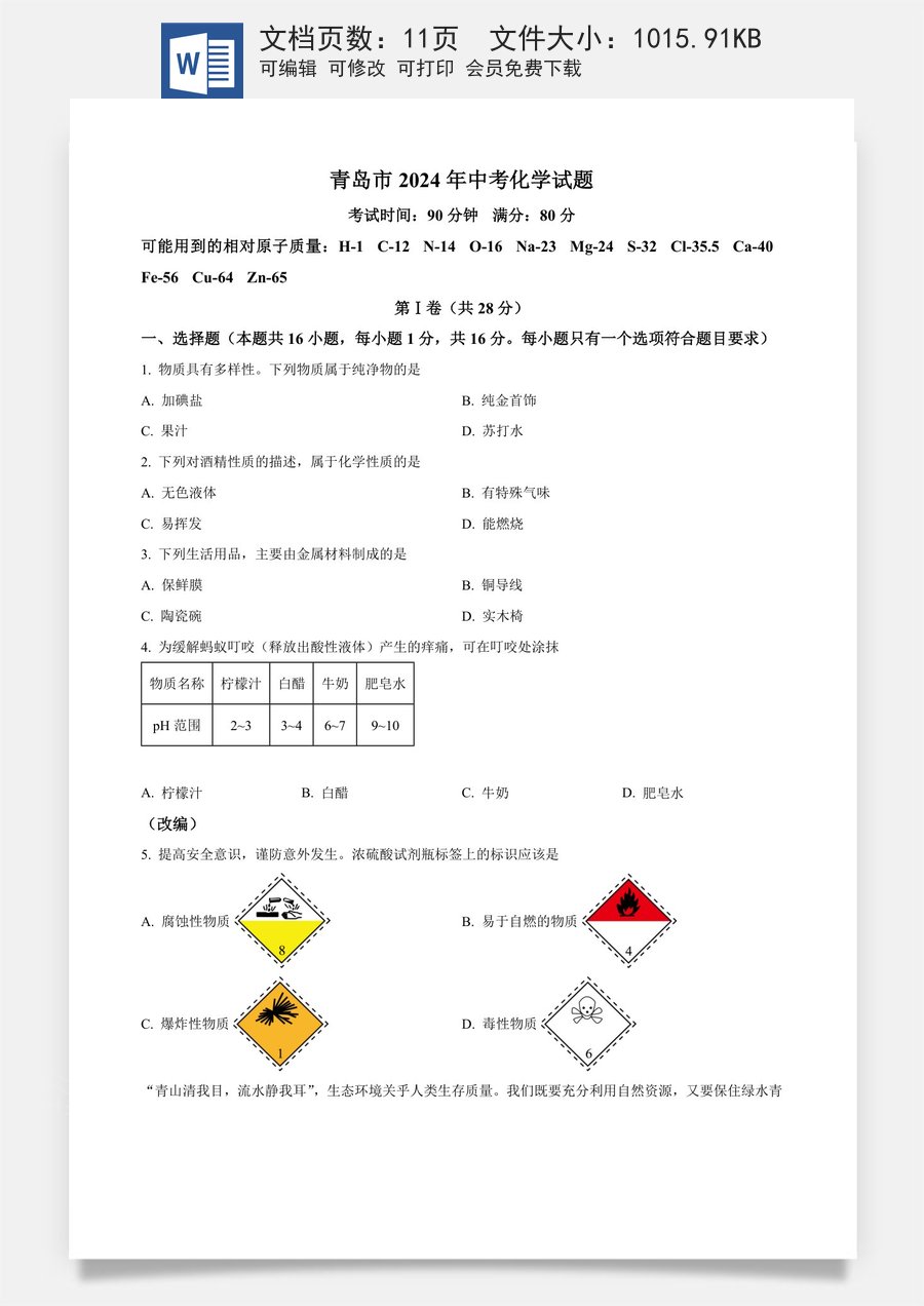 精品解析：2024年山东省青岛市中考化学真题（原卷版）.docx