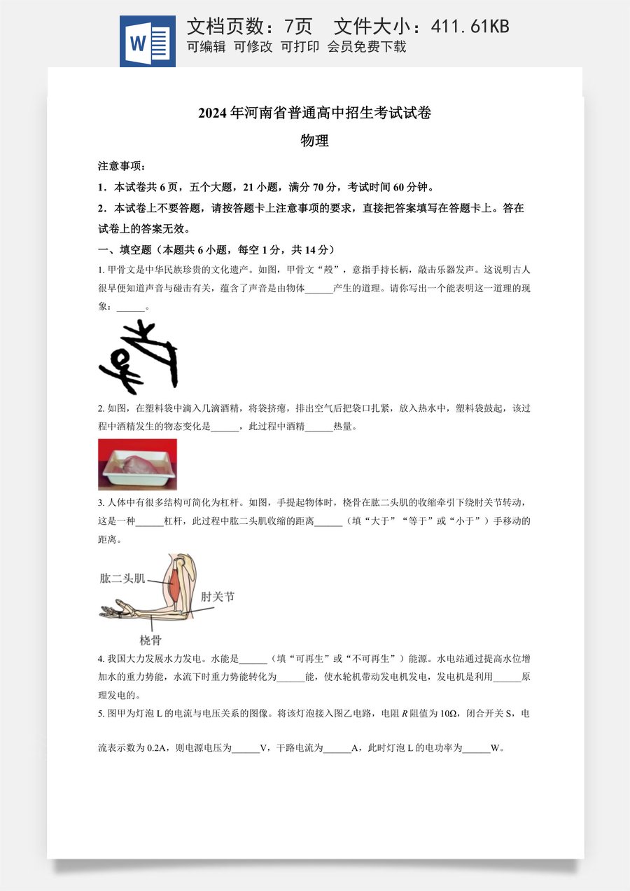 精品解析：2024年河南省中考物理试题（原卷版）.docx