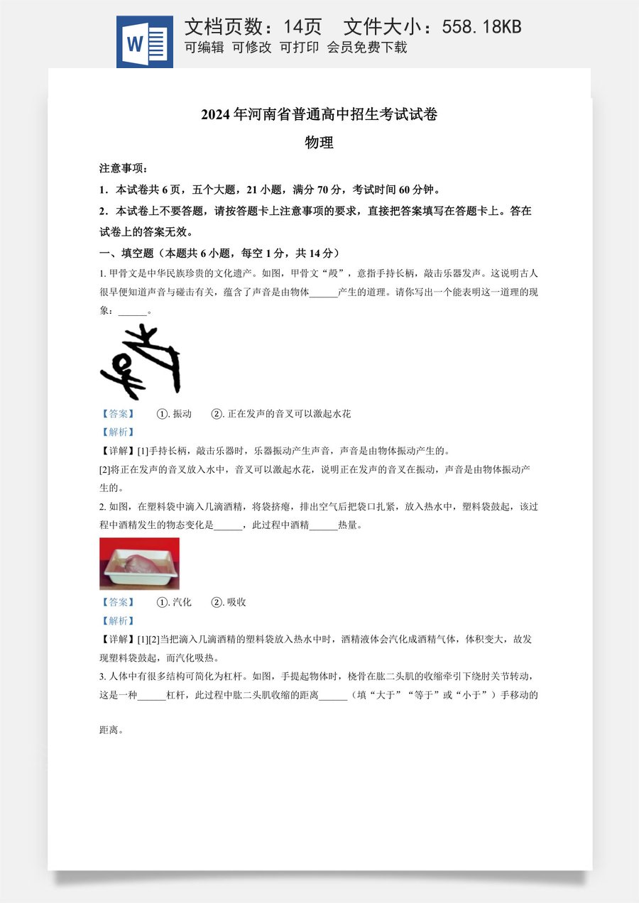 精品解析：2024年河南省中考物理试题（解析版）.docx