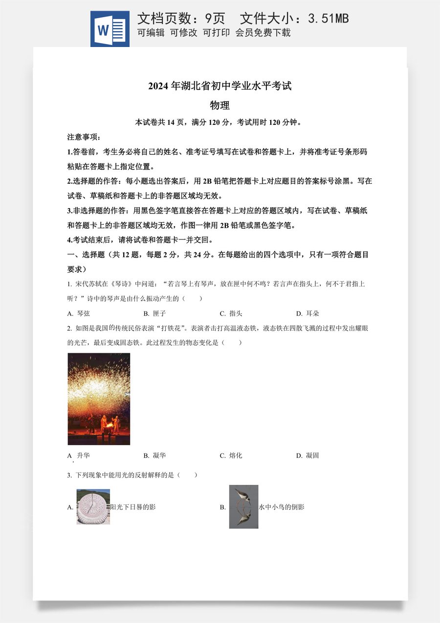 精品解析：2024年湖北省中考物理试题（原卷版）.docx