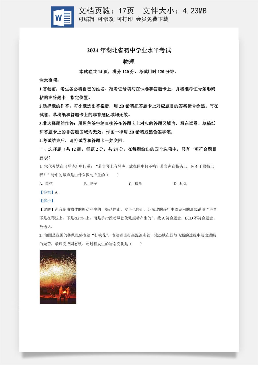 精品解析：2024年湖北省中考物理试题（解析版）.docx