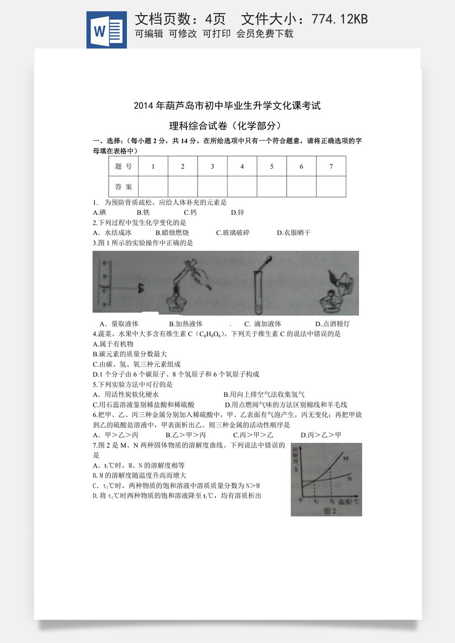 辽宁省葫芦岛市2014年中考理综（化学部分）试题（含答案）.doc