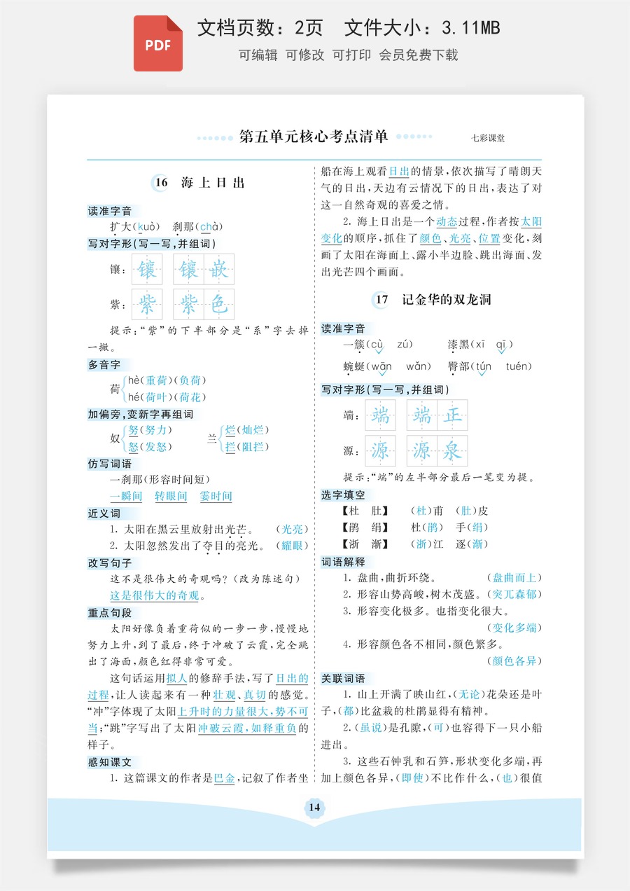 小学四年级语文下册第五单元核心考点清单.pdf