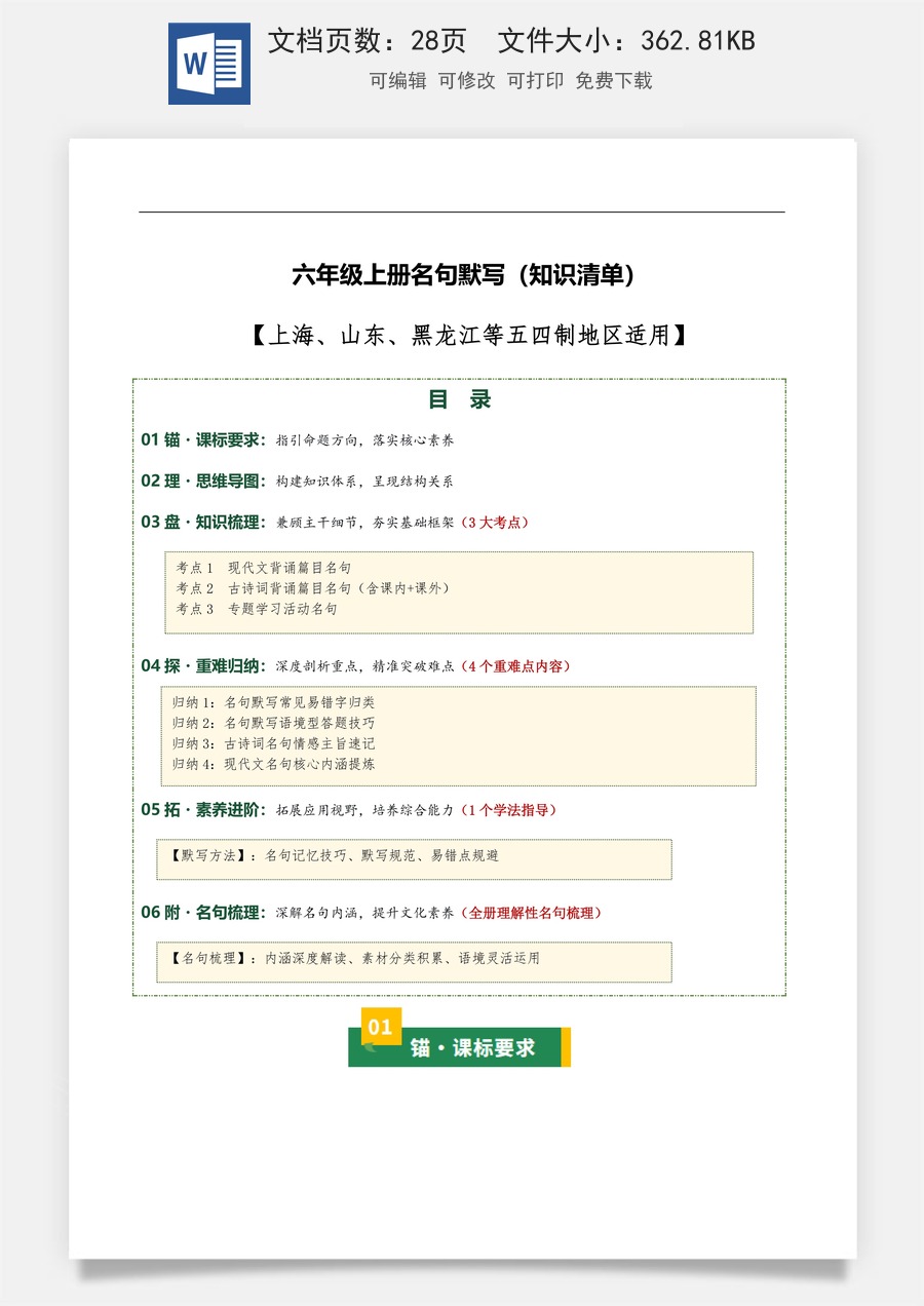 初中-语文-中考语文-一轮复习知识点-六年级上册名句默写（3大考点+4个重难点+1个学法指导+全册理解性名句梳理）（知识清单）.docx