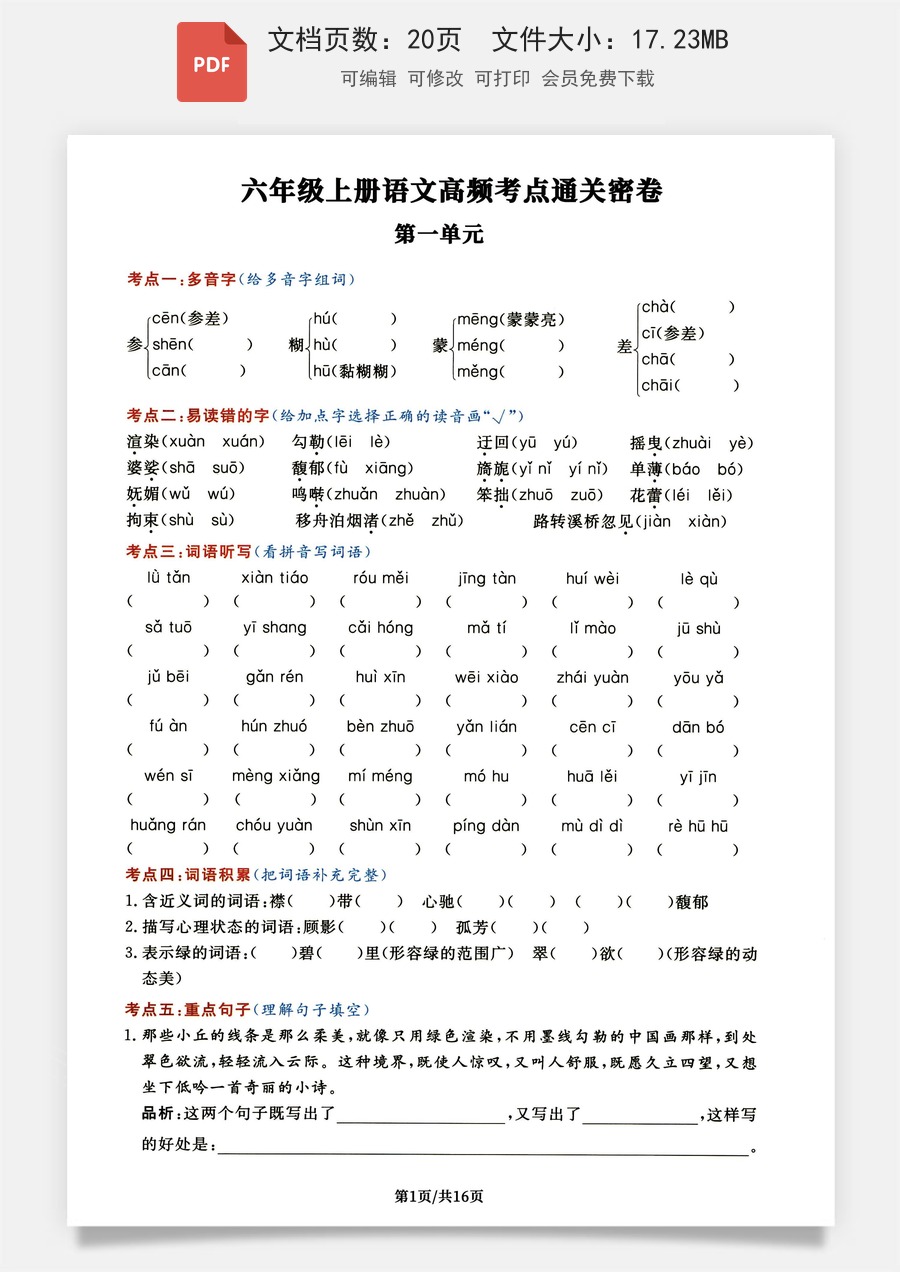 小学语文《高频考点通关密卷》6年级上册.pdf